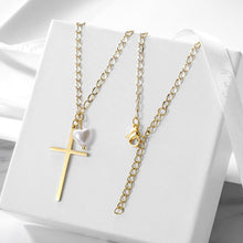 Load image into Gallery viewer, Cross w/Love-shaped Pearl Pendant Necklace Official Gemz
