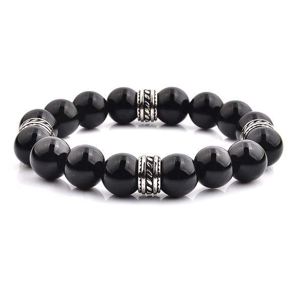 Crucible Stainless Steel Polished Onyx Beaded Stretch Bracelet Official Gemz