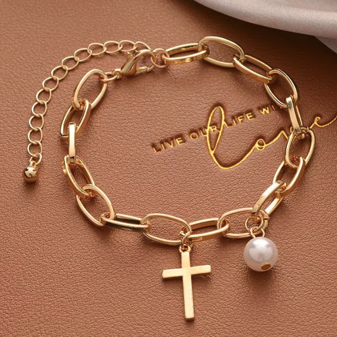 Oval Link Bracelet With Cross Charm and Faux Pearl Official Gemz