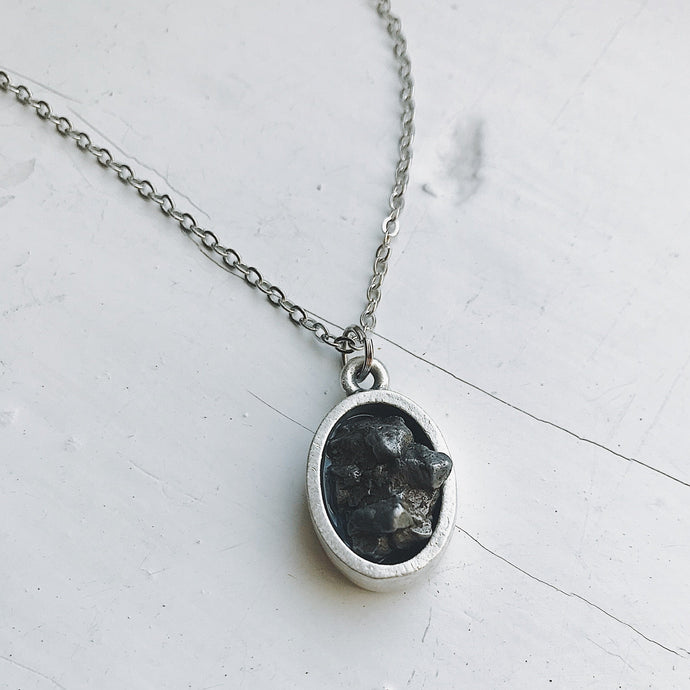 Oval Raw Meteorite Pendant Necklace in Matte Brushed Silver Official Gemz