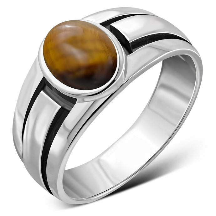 Tiger Eye Stone Grooved Sterling Silver Men's Ring Official Gemz