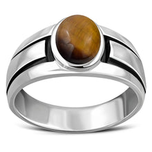 Load image into Gallery viewer, Tiger Eye Stone Grooved Sterling Silver Men&#39;s Ring Official Gemz
